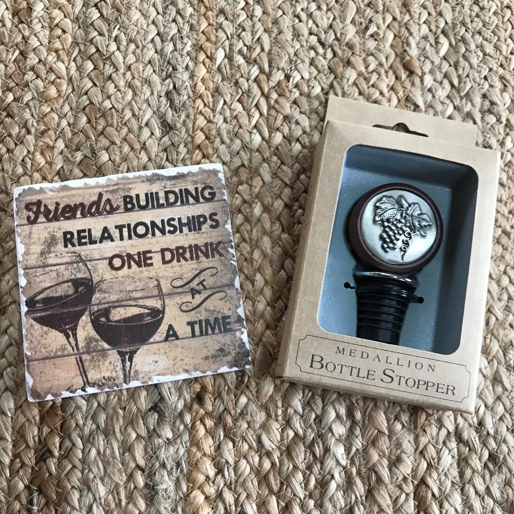 Wine Bottle Stopper and set of 4 Wine Coasters NIB